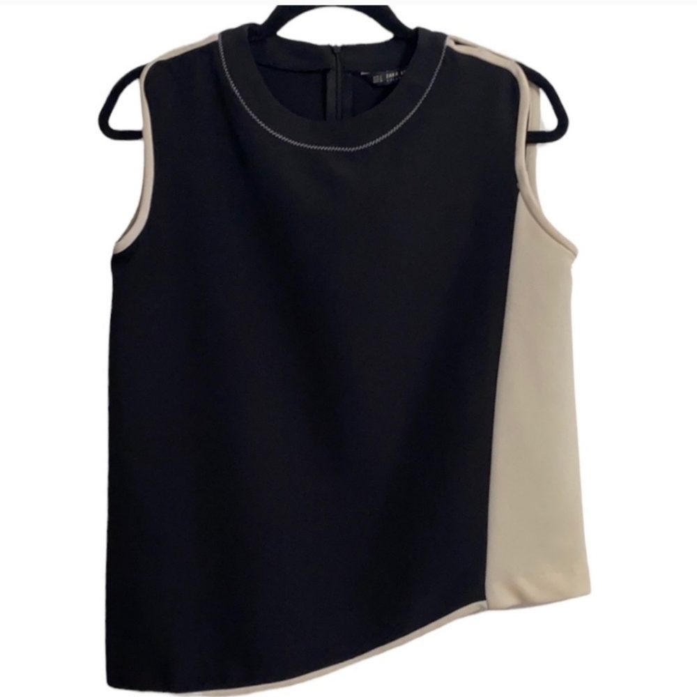 Zara Black & Cream Sleeveless Asymmetrical Top Size S